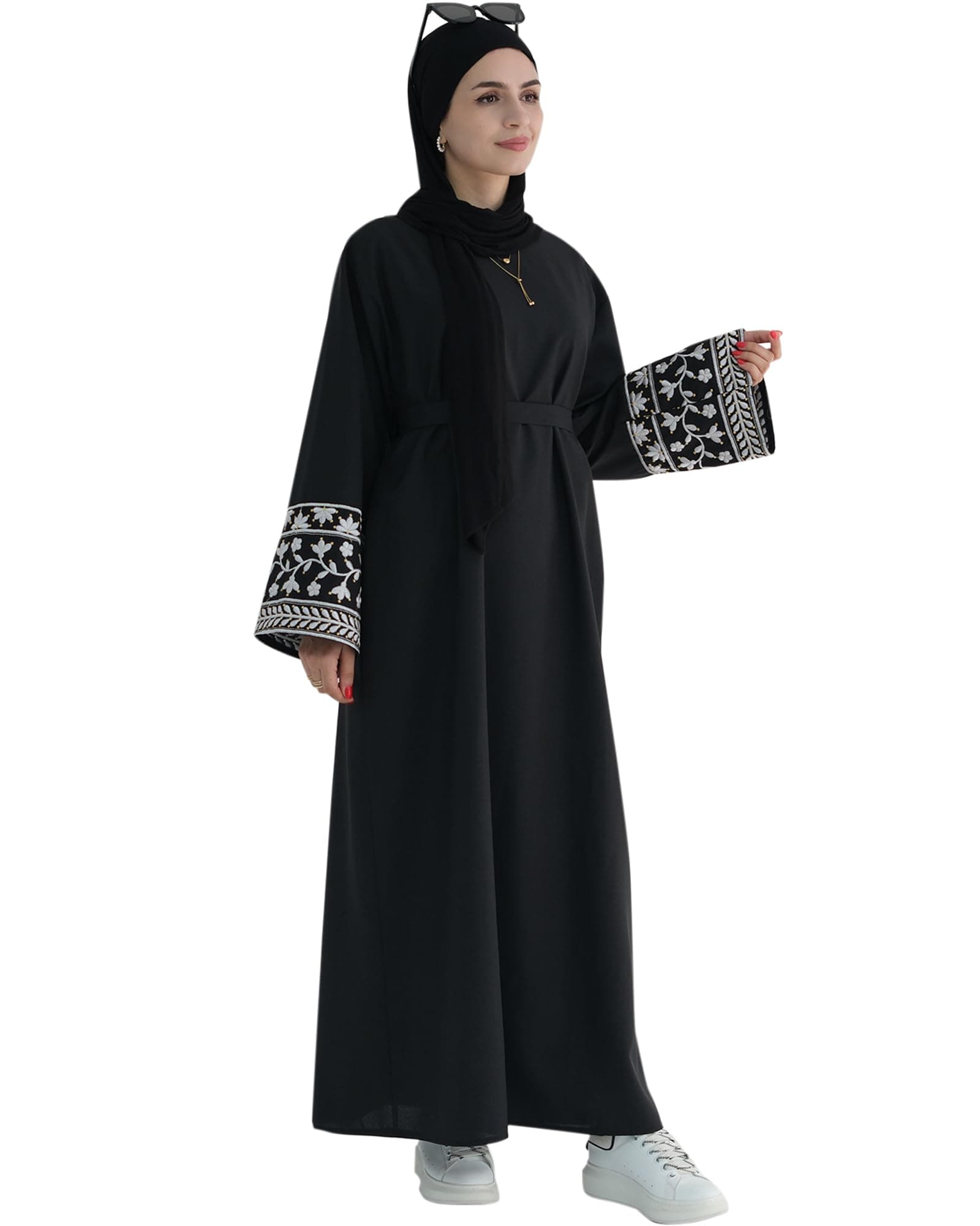 Zofocy Embroidered Long Sleeve Abaya Dress Zipper Maxi Robe for Women
