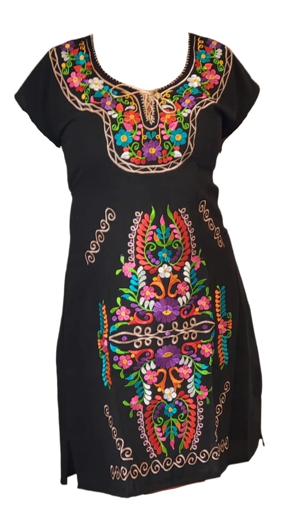 Puerta21 Authentic Mexican Embroidered Long Sleeve Dress (M, Black and Colors)
