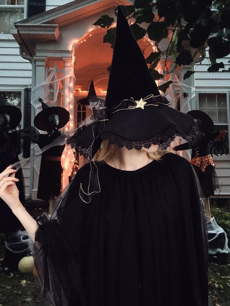 C-ZOFEK Women's Black Velvet Witch Hat with Lace Brim for Halloween Cosplay
