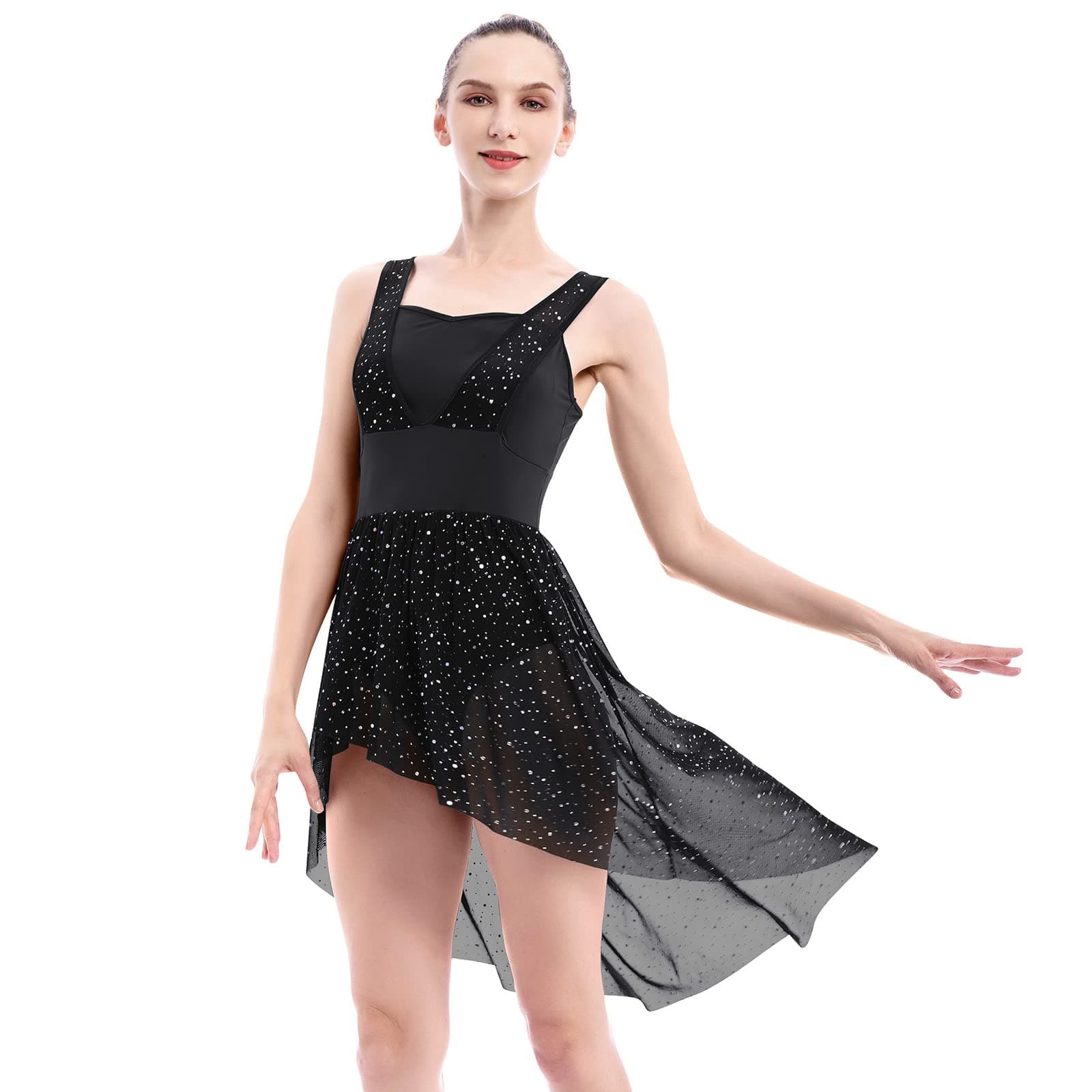 ODASDO Women's Lyrical Dance Rhinestone Asymmetrical Mesh Tulle Leotard Ice Skating Ballet Costume