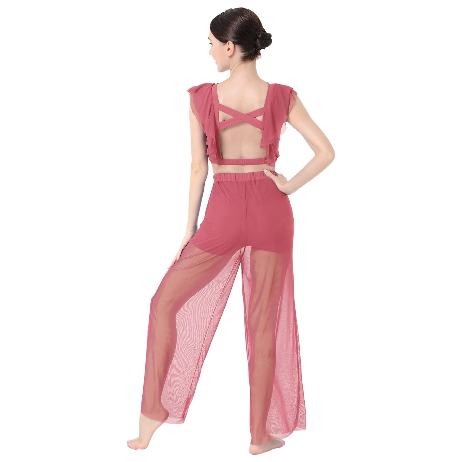 IBAKOM Women's Lyrical Dance Outfits 2PCS Chiffon Crop Top Shorts