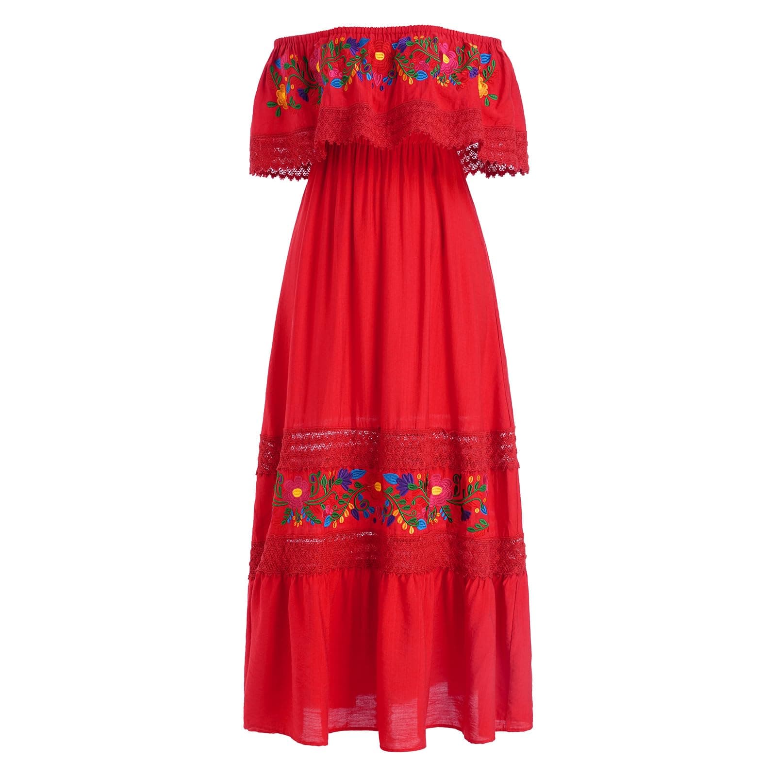 OMEWEE Women's Traditional Off-Shoulder Embroidered Maxi Dress Casually Chic Cinco de Mayo Outfit
