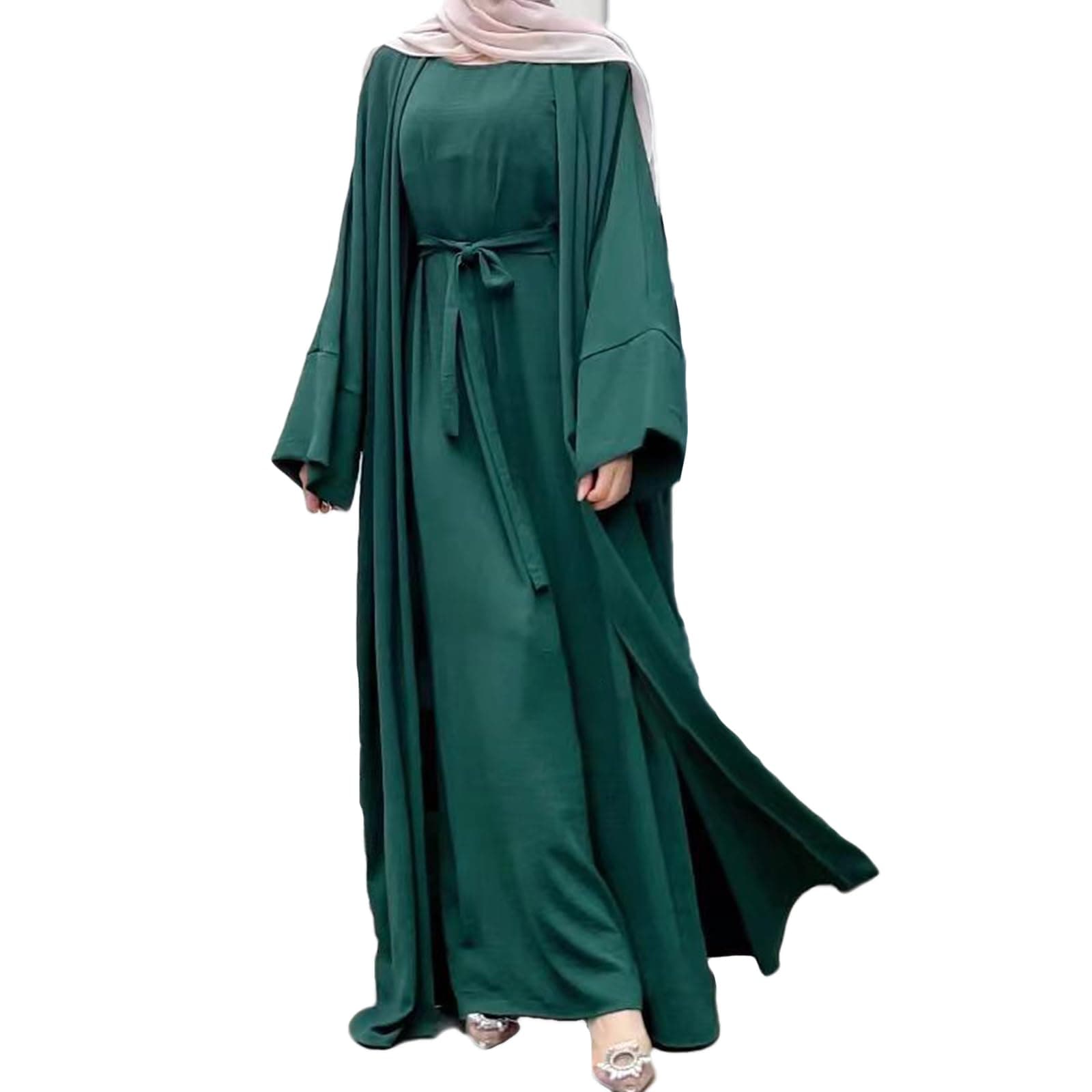 YNeedM Women's Solid Color Sleeveless Abaya Cardigan Dress with Belt Set