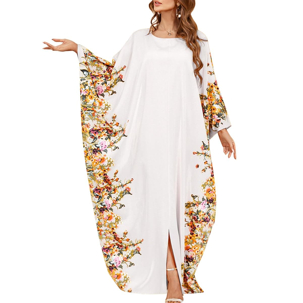 IDOPIP Women's Muslim Ramadan Dress - Long Sleeve Floral Maxi Kaftan Robe