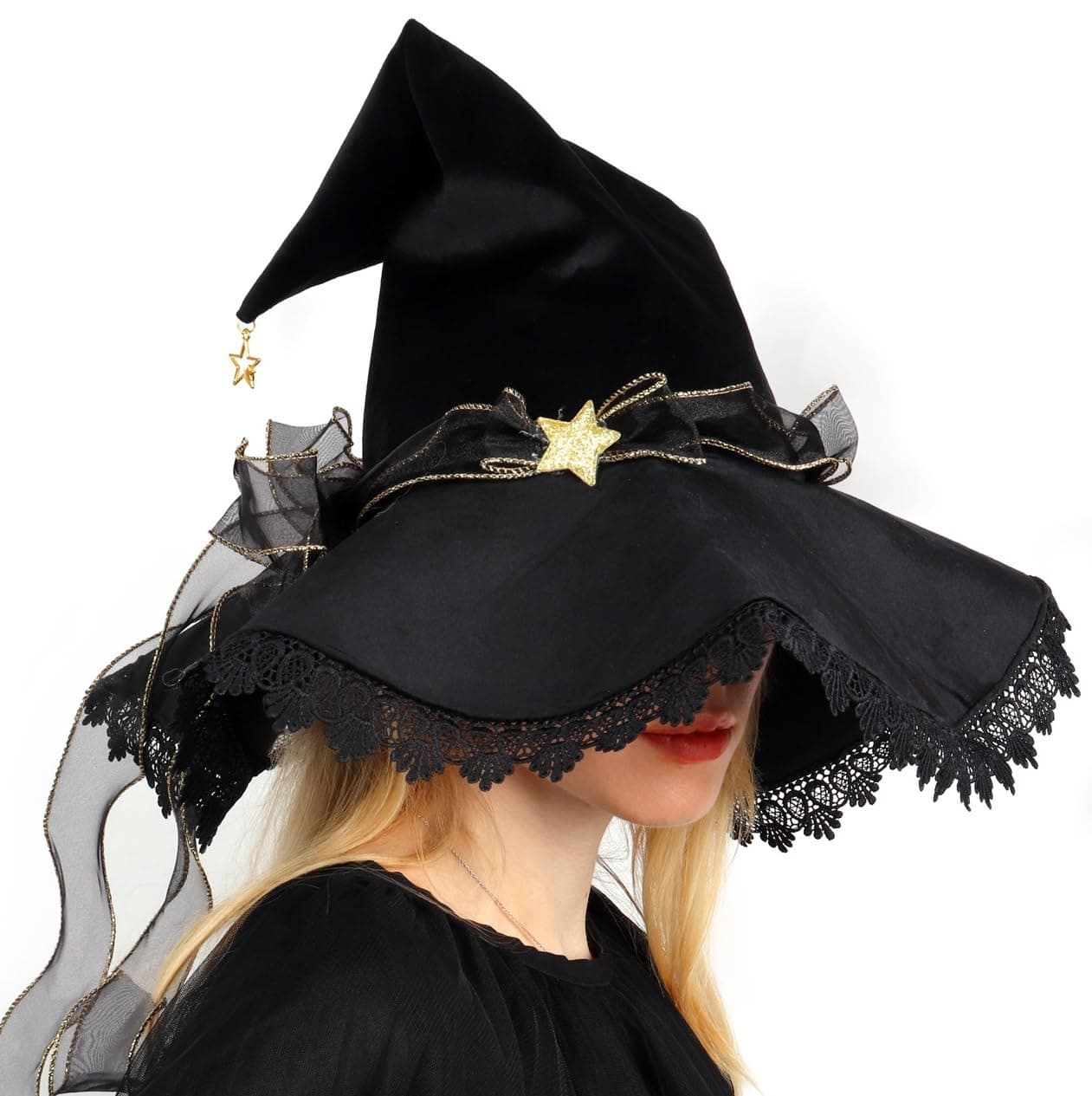 C-ZOFEK Women's Black Velvet Witch Hat with Lace Brim for Halloween Cosplay