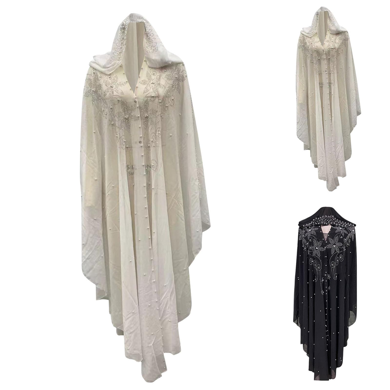 Generic Muslim Women's Abaya with Rhinestone V-Neck Hooded Robe