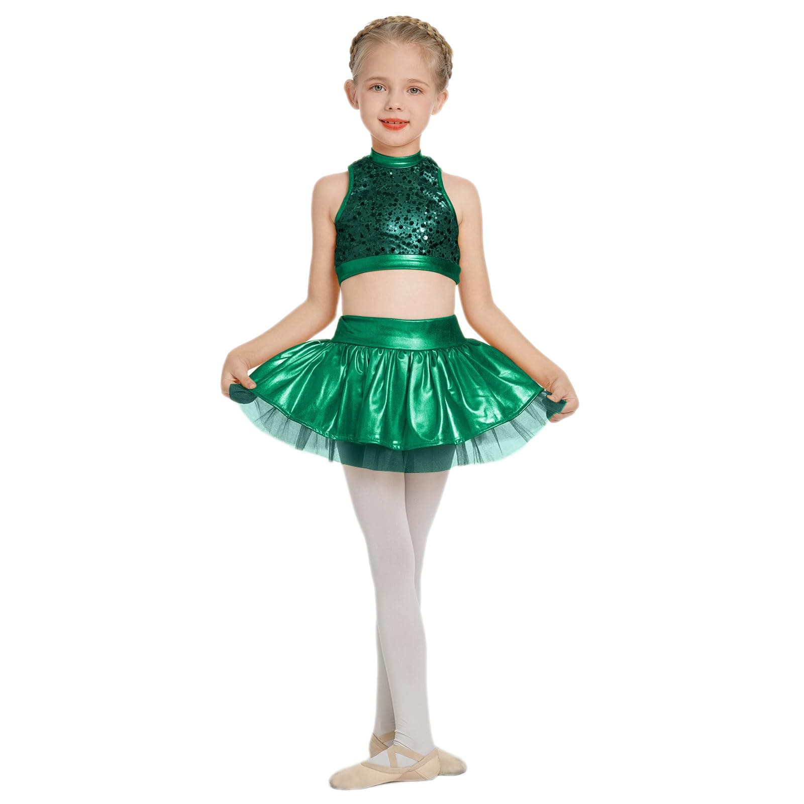 Girls Metallic Dance Costume with Shiny Sequin Tank Crop Top & Ruffle Skirt