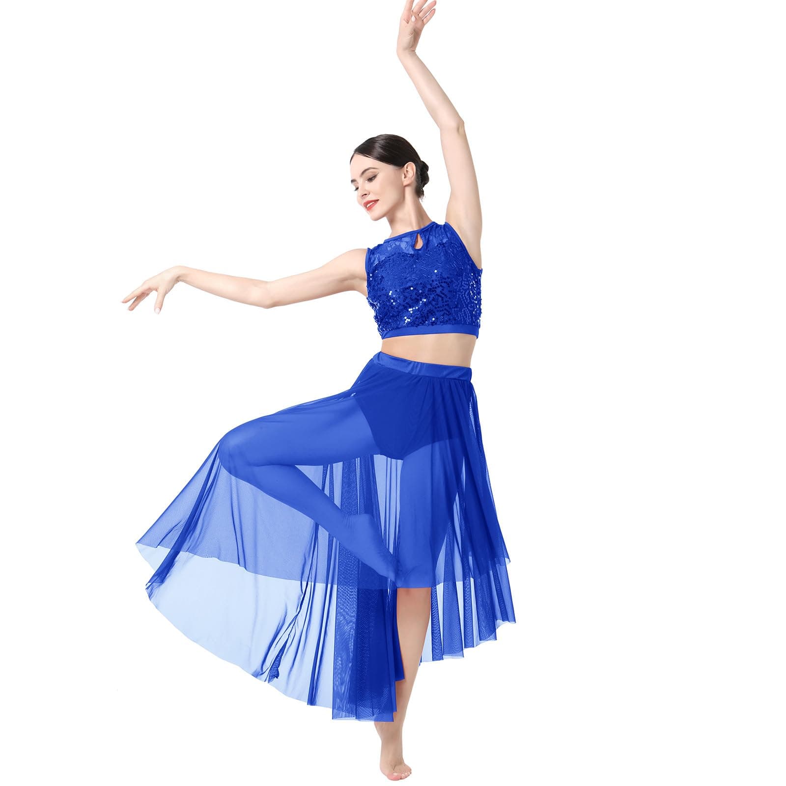 Lyrical Dance Costume for Women: Sequin Lace Floral Crop Top and Asymmetrical Flowy Mesh Tulle Skirt 2-Piece Outfit