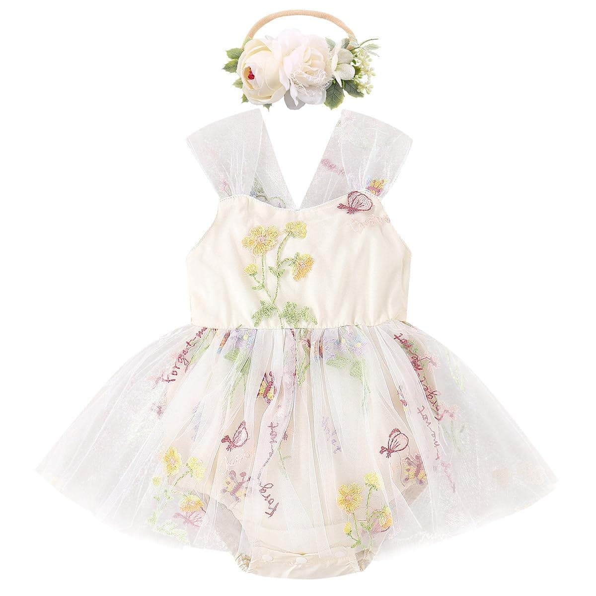 ODASDO Infant Princess Tulle Romper with Flower Embroidery for Birthday Party