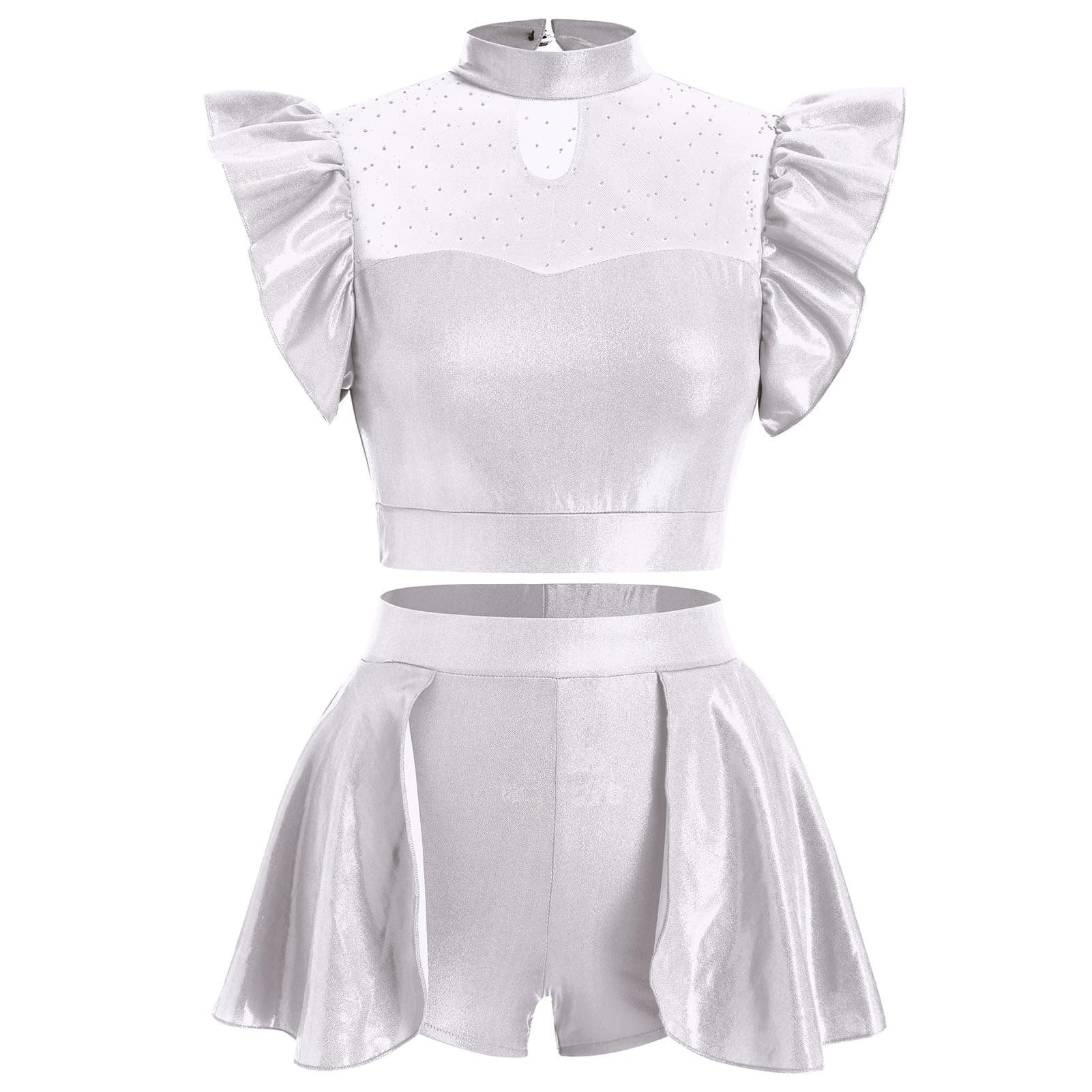 IBAKOM Women's Metallic Dance Crop Top & Mini Skirt Costume