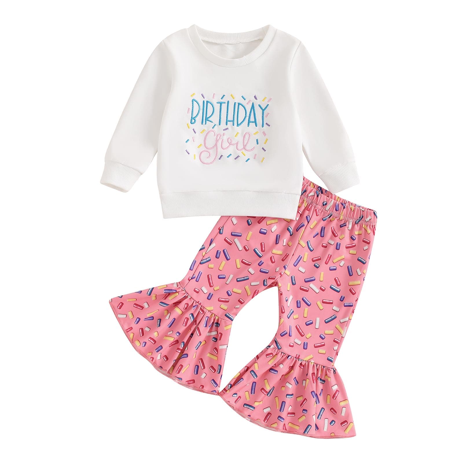 SAYOO Birthday Girl Outfit: Embroidery Print Sweatshirt + Flared Pants