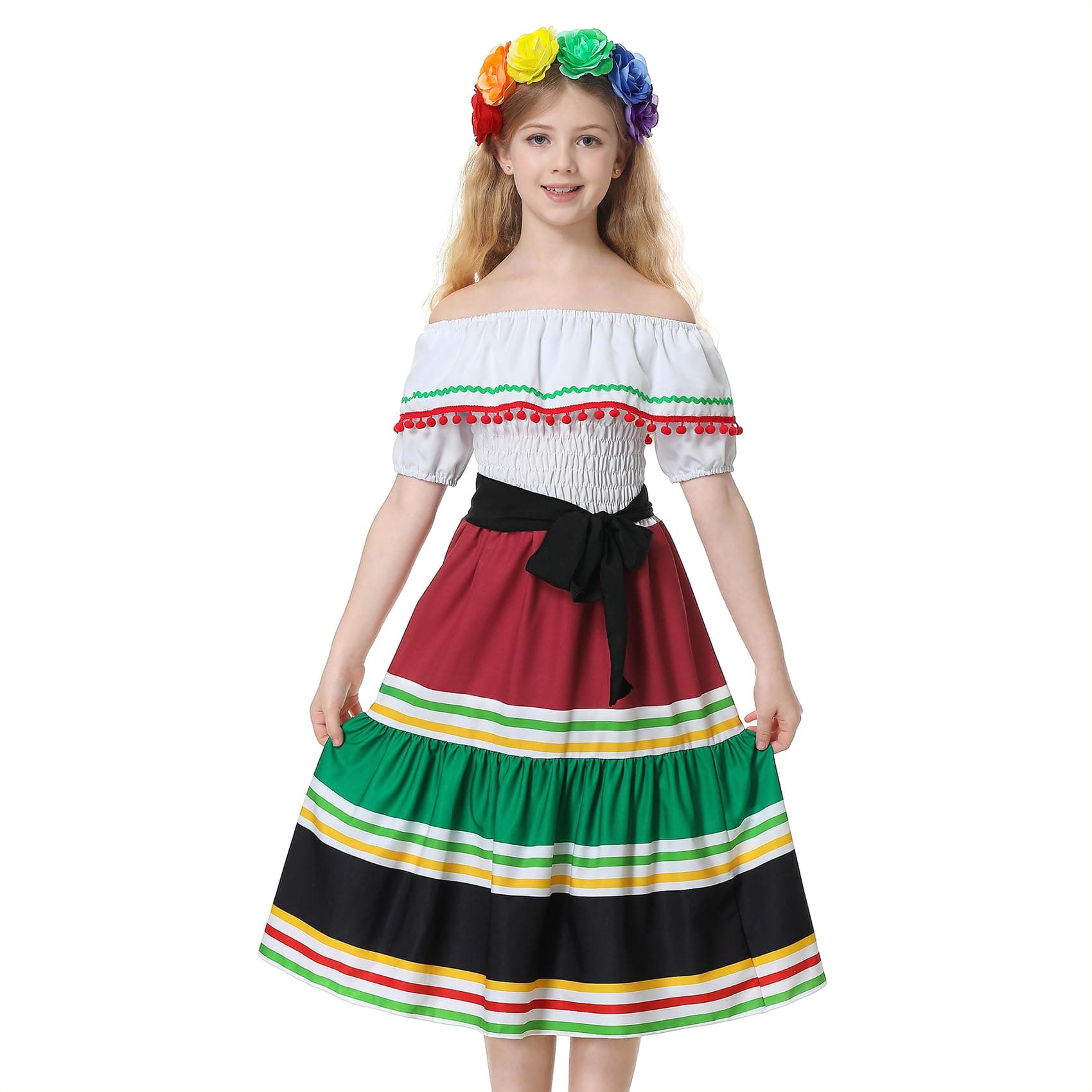 Mexican Girls Dress Cinco de Mayo Off-Shoulder Flower Dance