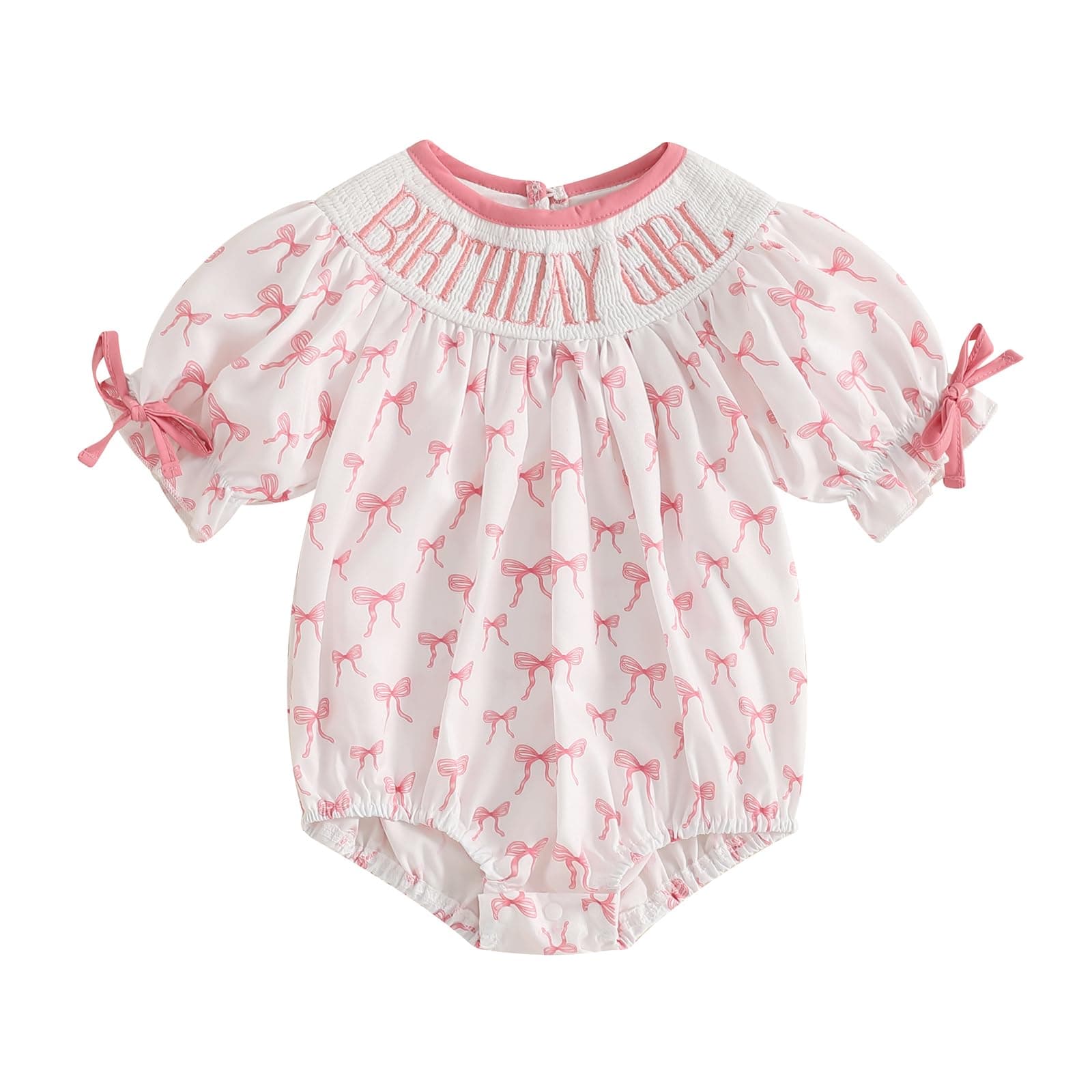 Lamuusaa Toddler Birthday Girl Embroidery Romper Bow Print Bodysuit