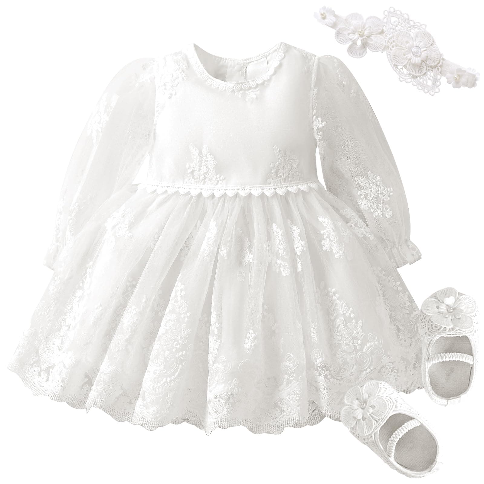 Booulfi White Lace Baby Girl Baptism Dress 3pcs Set