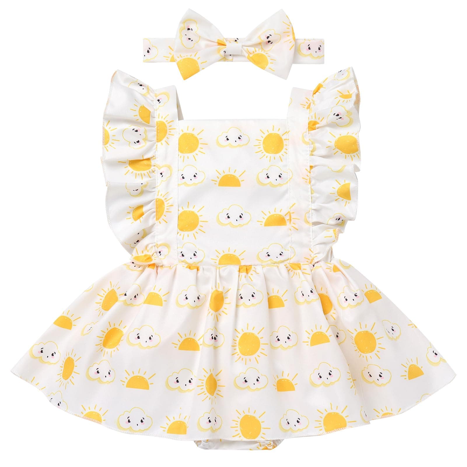 ODASDO Newborn Girl Ruffle Sleeve Romper Dress & Headband Summer Casual Set 0-24M