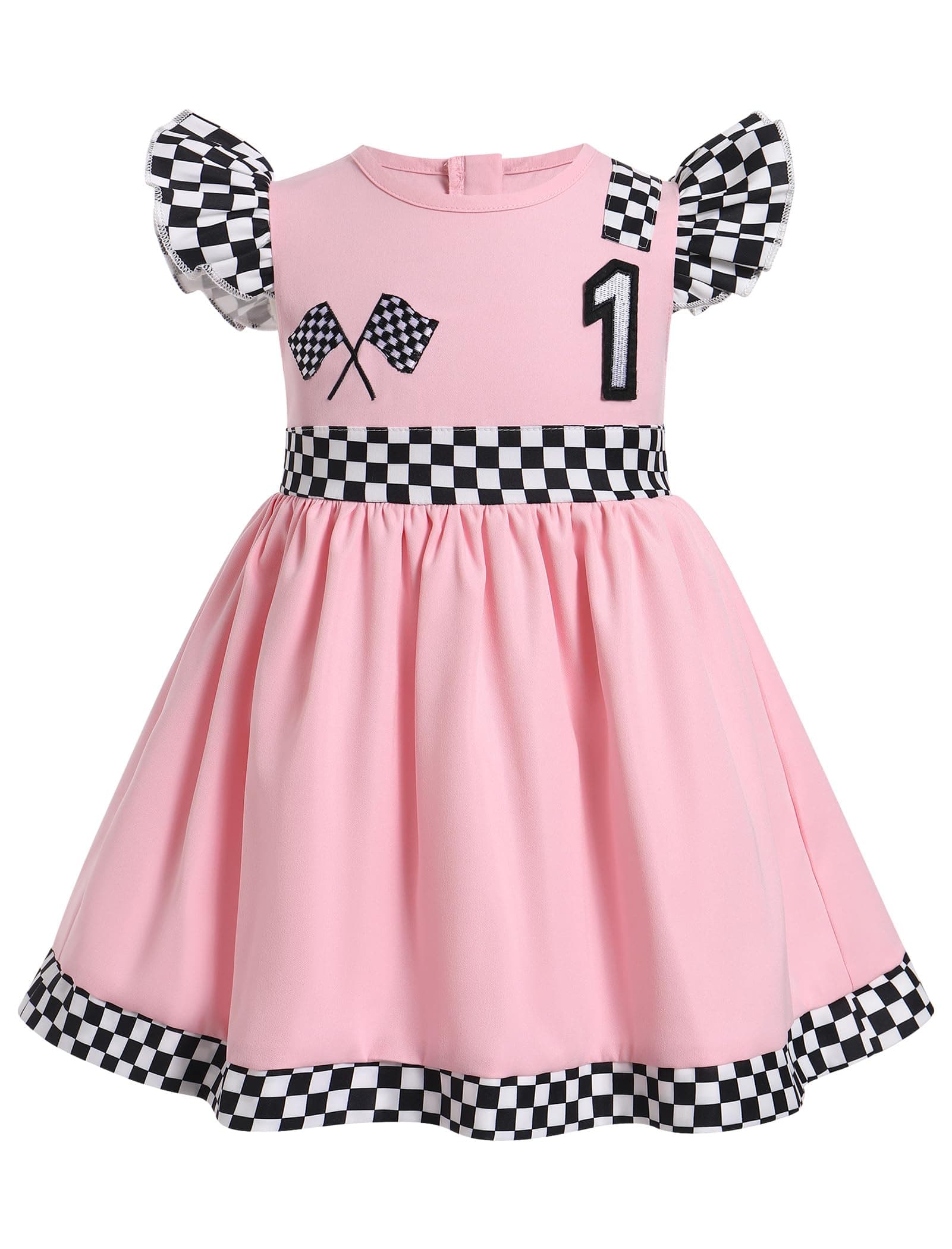ODASDO Kids' Checkerboard Flutter Sleeve Racing Car Birthday Outfit