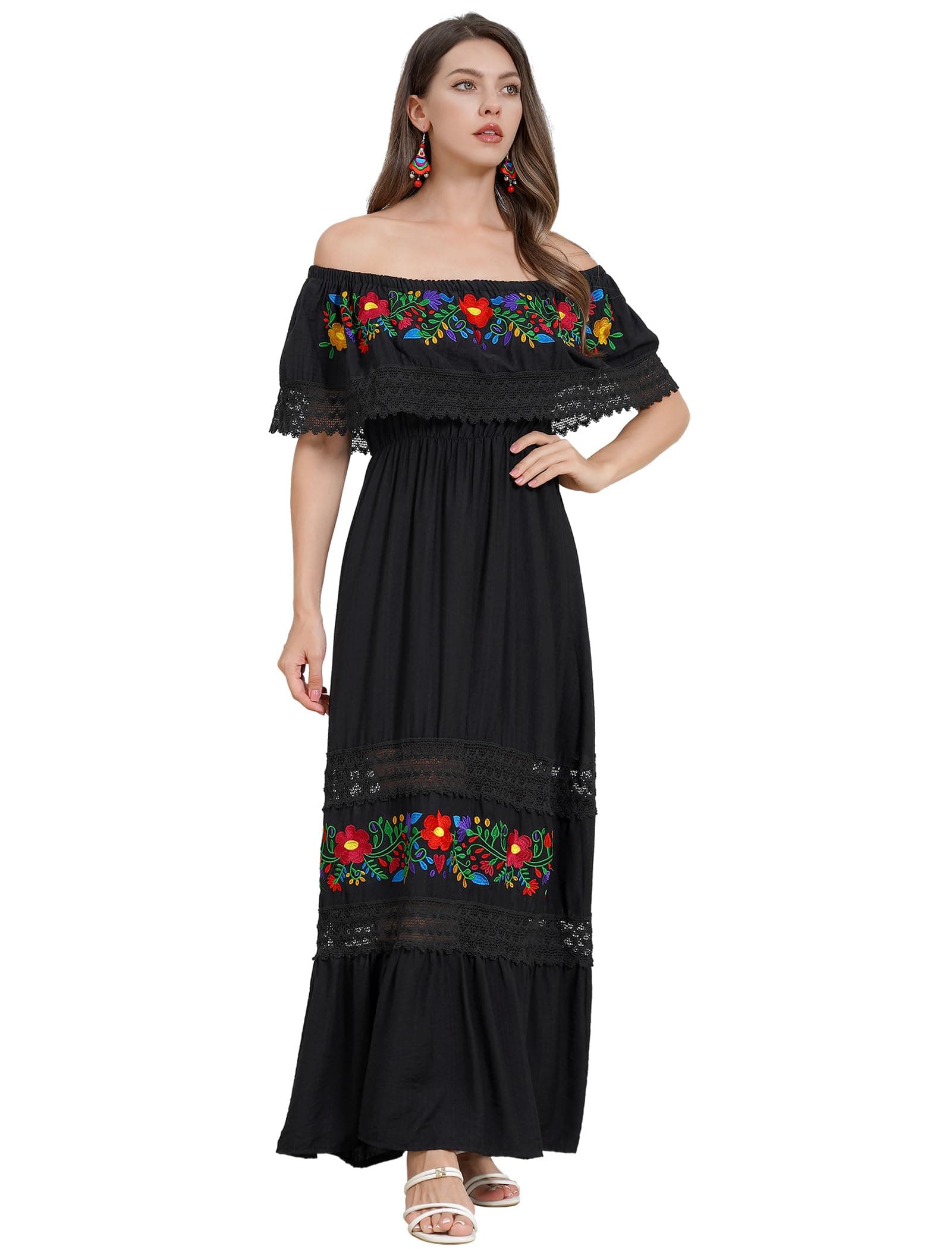 ABAFIP Women's Off-Shoulder Floral Embroidered Midi Dress