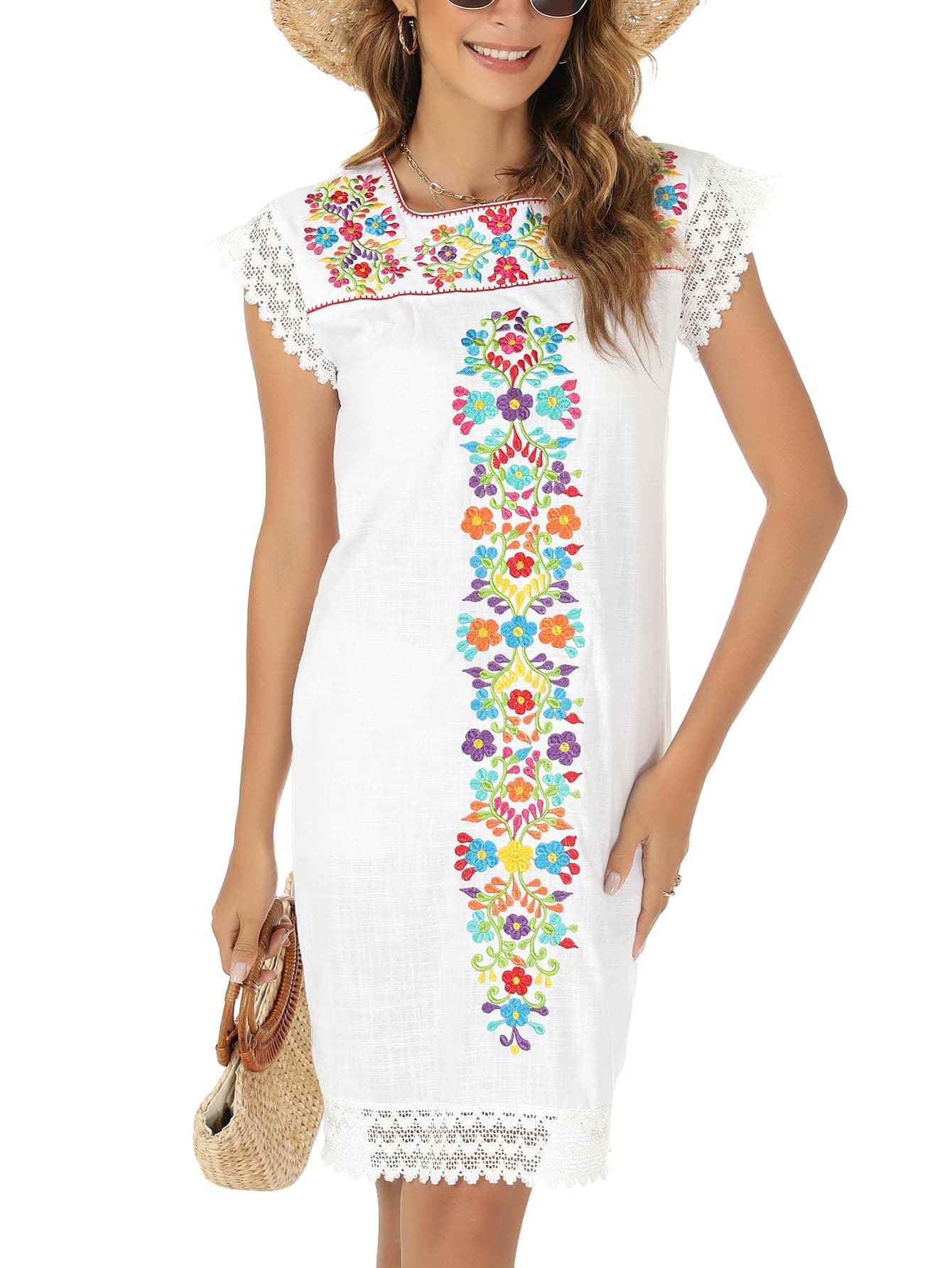 Mexican V-neck Summer Dress for Women Traditional Embroidery Black White