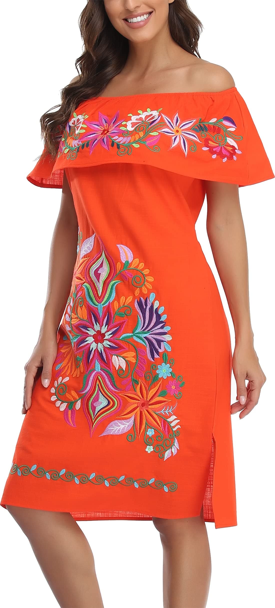 YZXDORWJ Women's Mexican Embroidered Ruffle Collar Dress