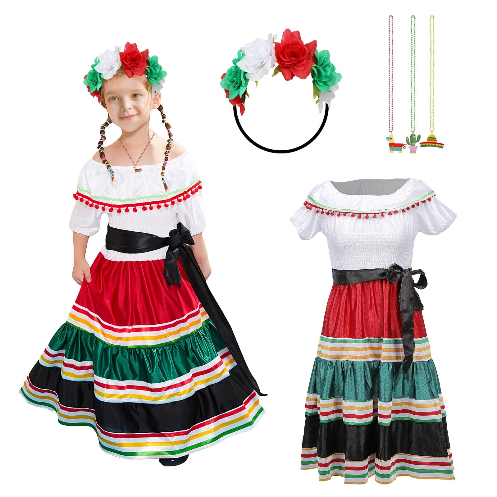 Traditional Mexican Dress for Girls Folklorico Dance Cinco de Mayo Party Costume Kit