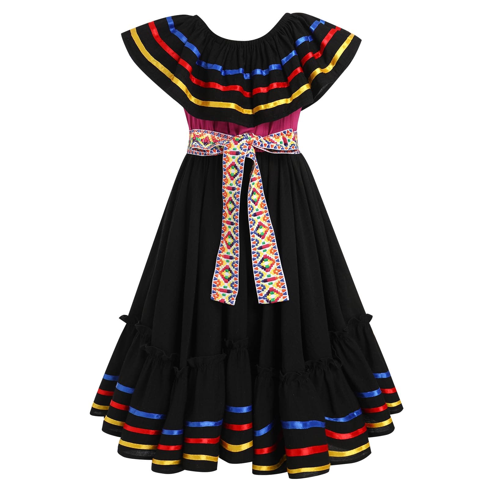 Mexican Folk Ruffle Drape Dress for Girls with Belt