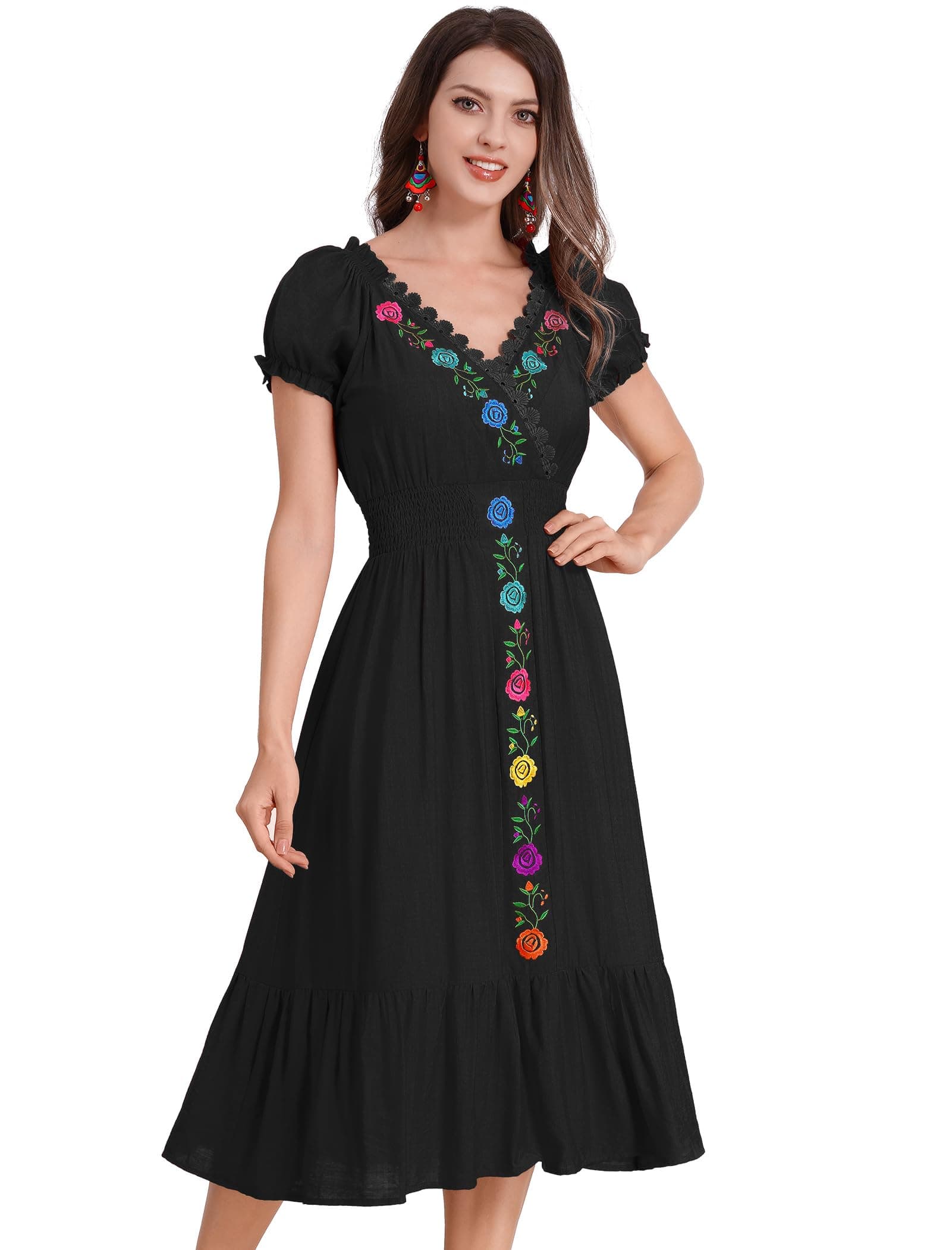 ODIZLI Women's Floral Embroidered Short Sleeve V-Neck Cinco De Mayo Fiesta Dress