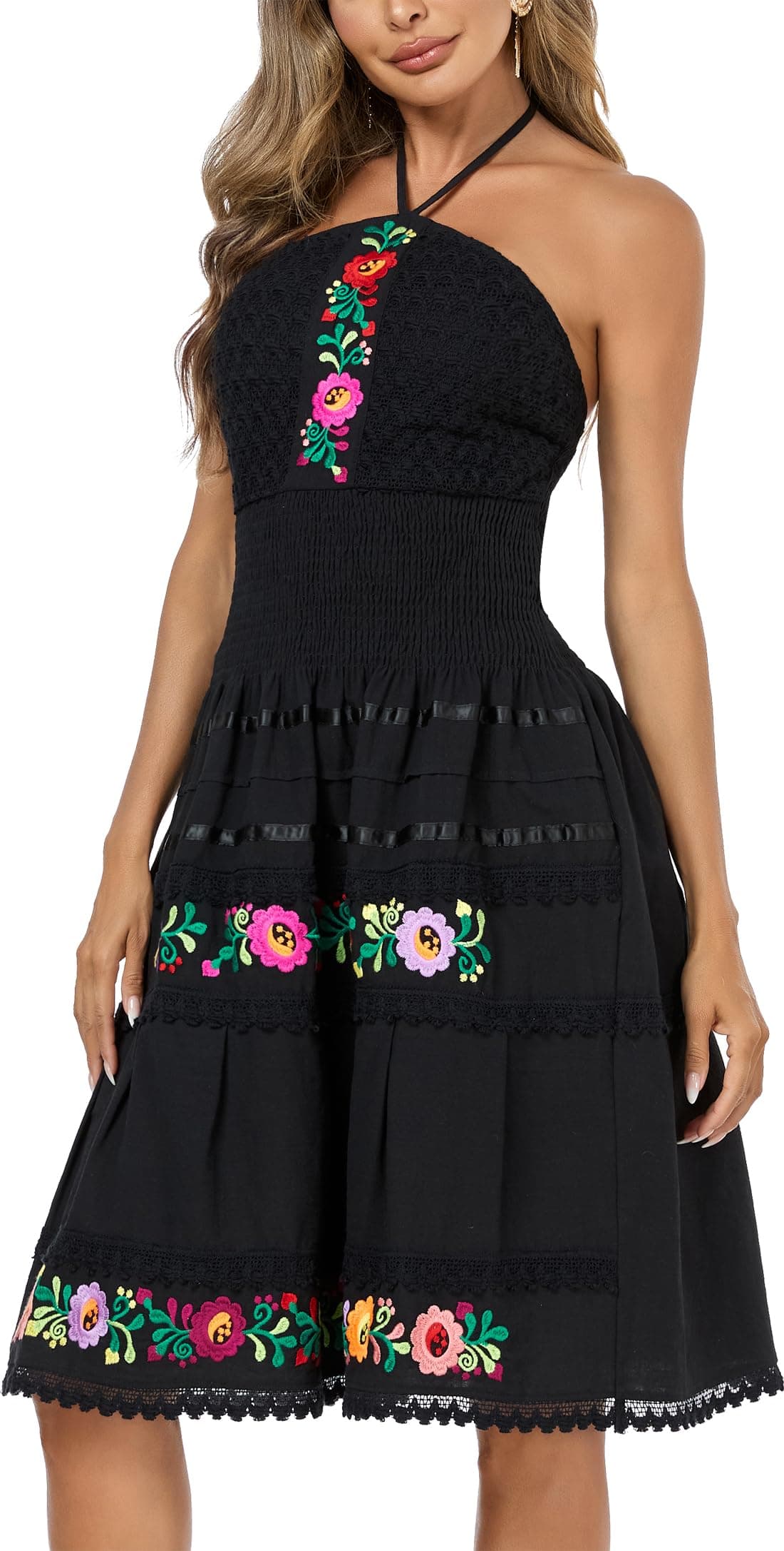 Embnoyes Black Flowy Halter Mini Dress for Women