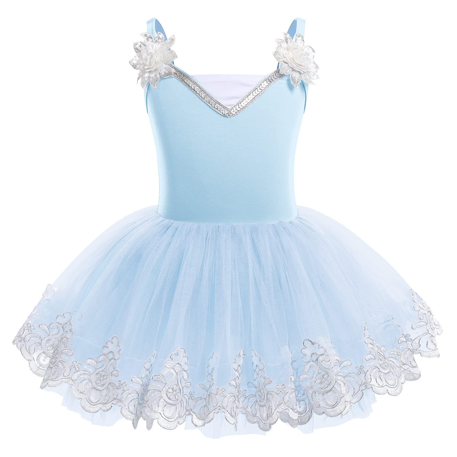 Girls' Ballet Leotard with Tutu Skirt and Sequin Flower Embroidery