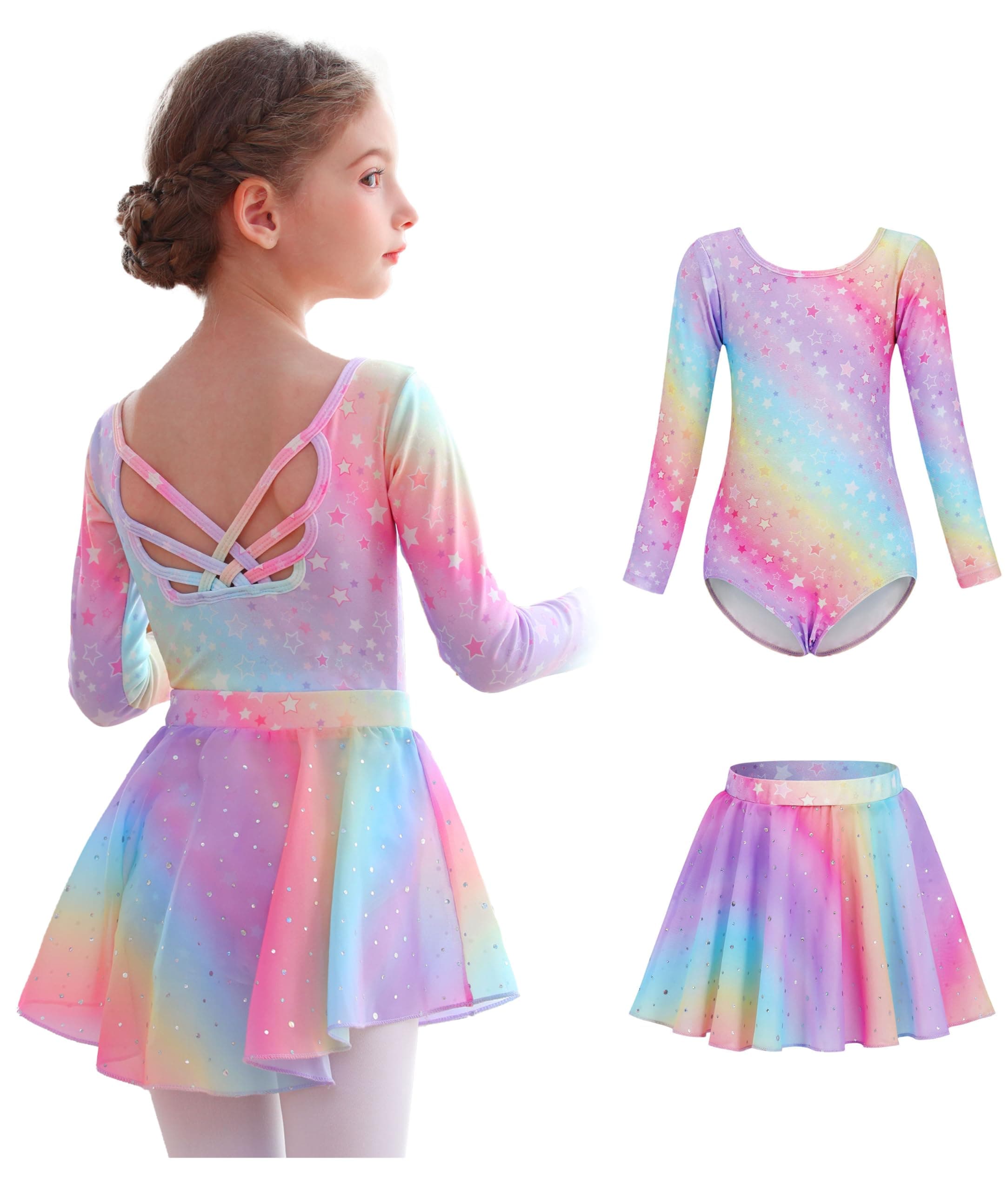 MdnMd Long Sleeve Ballet Leotards with Skirt Combo for Girls Toddler