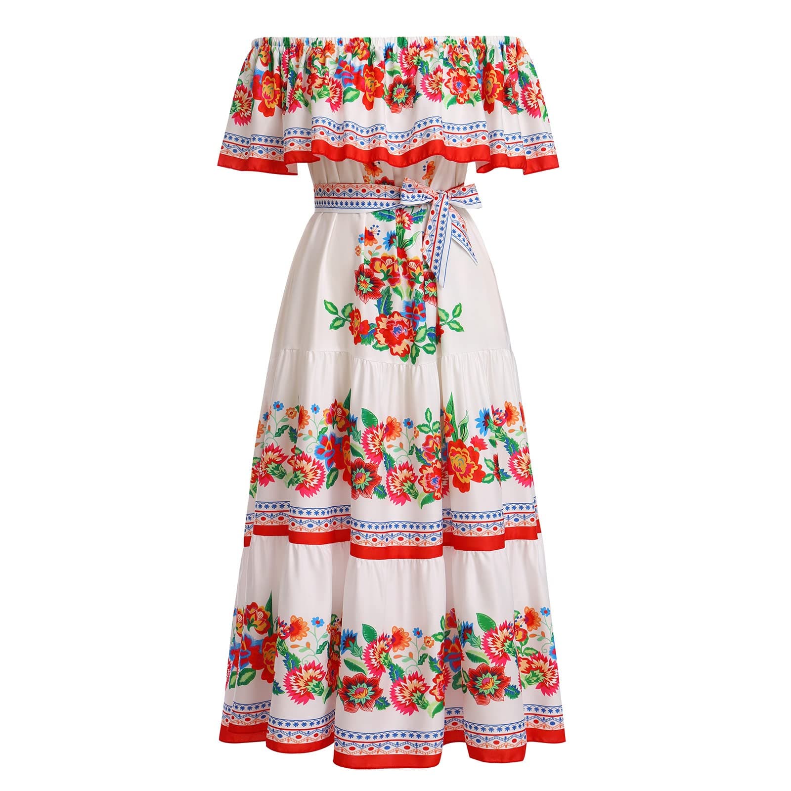 Mexican Off-Shoulder Maxi Dress for Women: Traditional Fiesta Summer Party Beach Wear