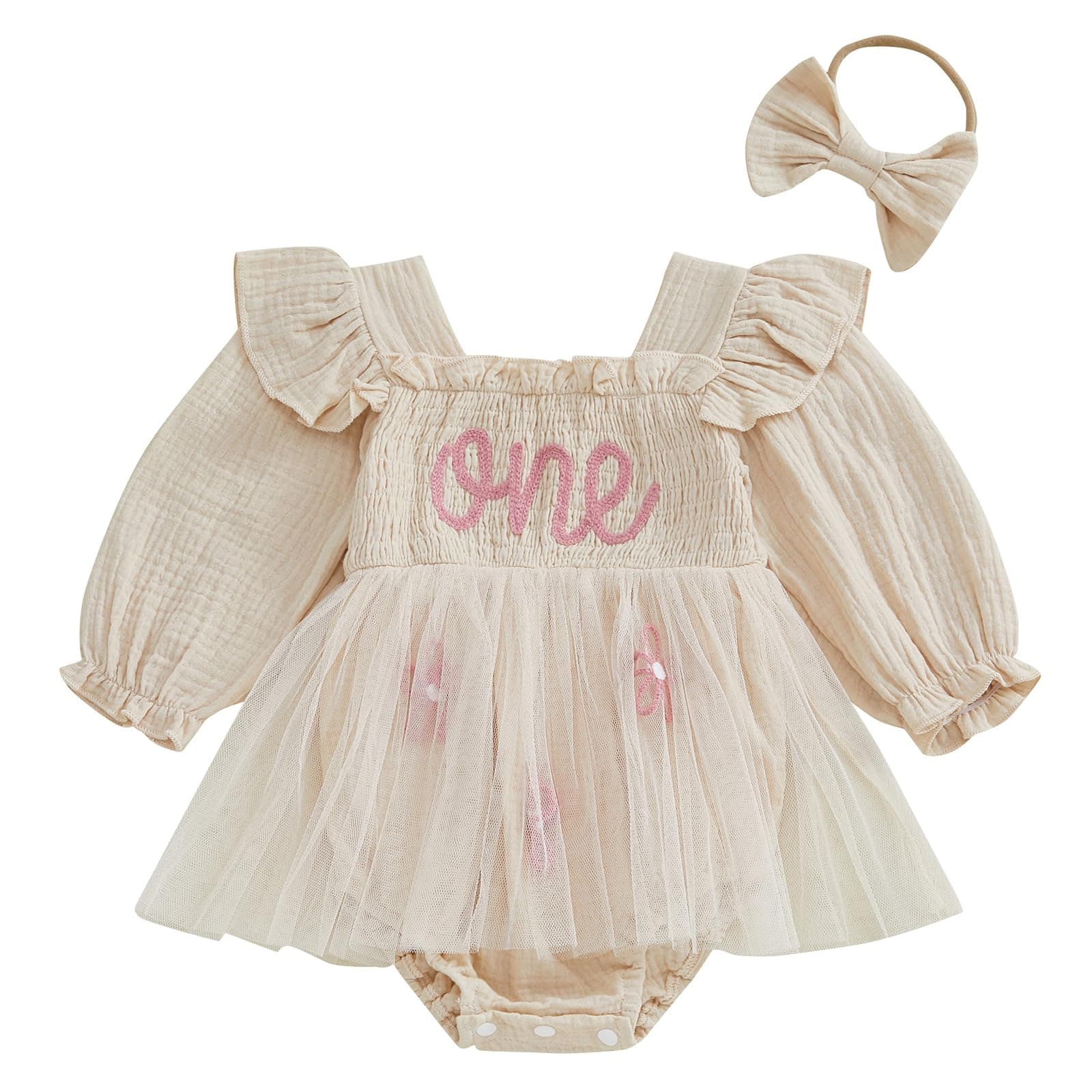 BOEBNOZCV Baby Girl 1st Birthday Ruffled Tulle Romper Long Sleeve Dress
