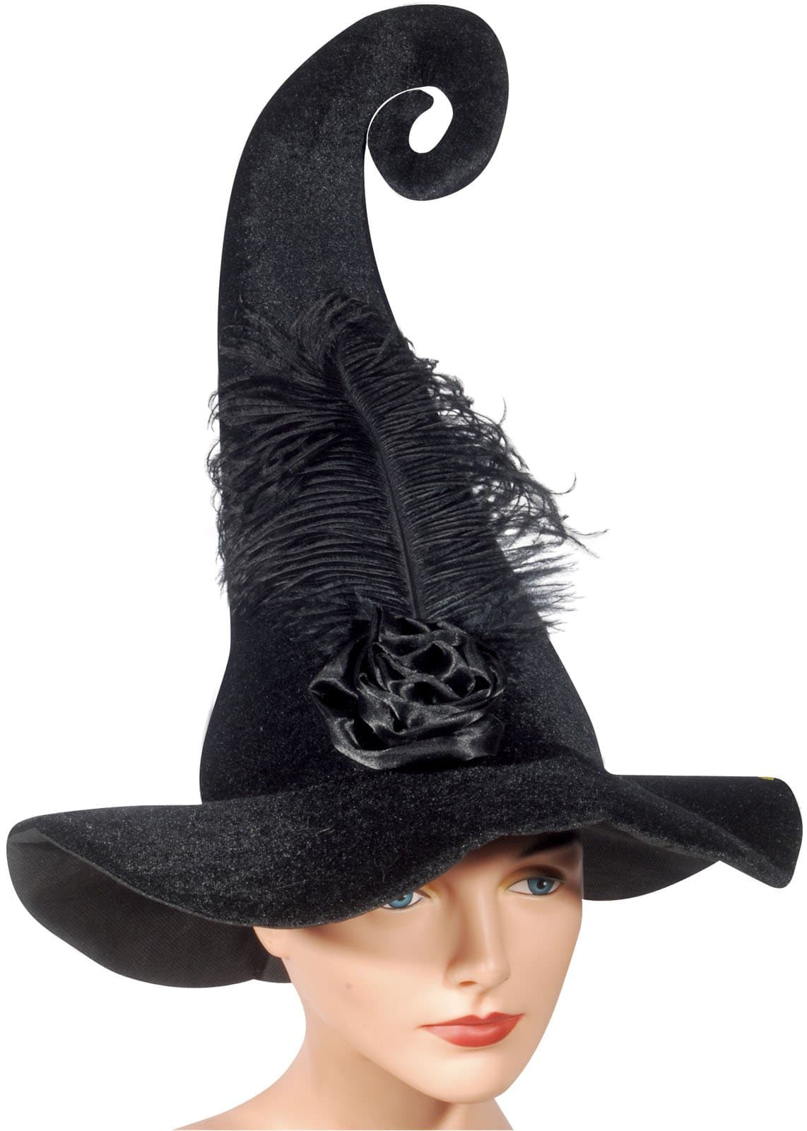 Loftus Curly Witch Costume Hat with Feather Black One Size