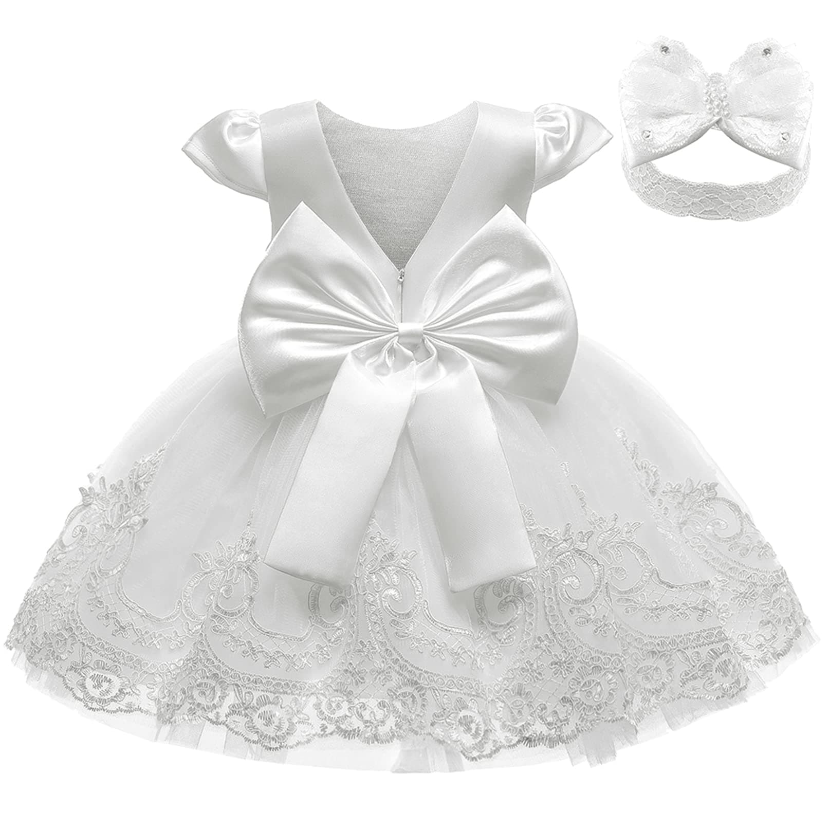 3M-3T Toddler Girls Formal Flower Girl Wedding Dress with Embroidered Lace & Headwear