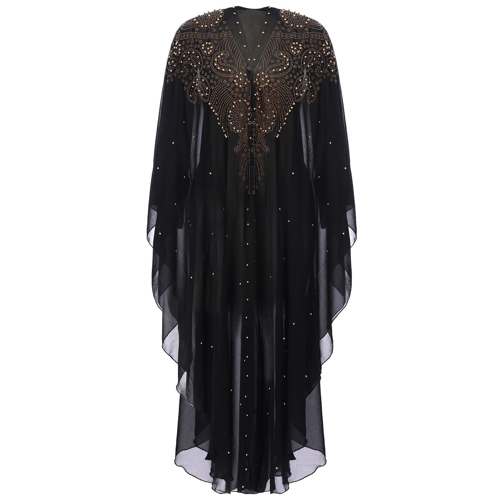 OBEEII Loose Batwing Hooded Beaded Embroidery Abaya Dress for Women