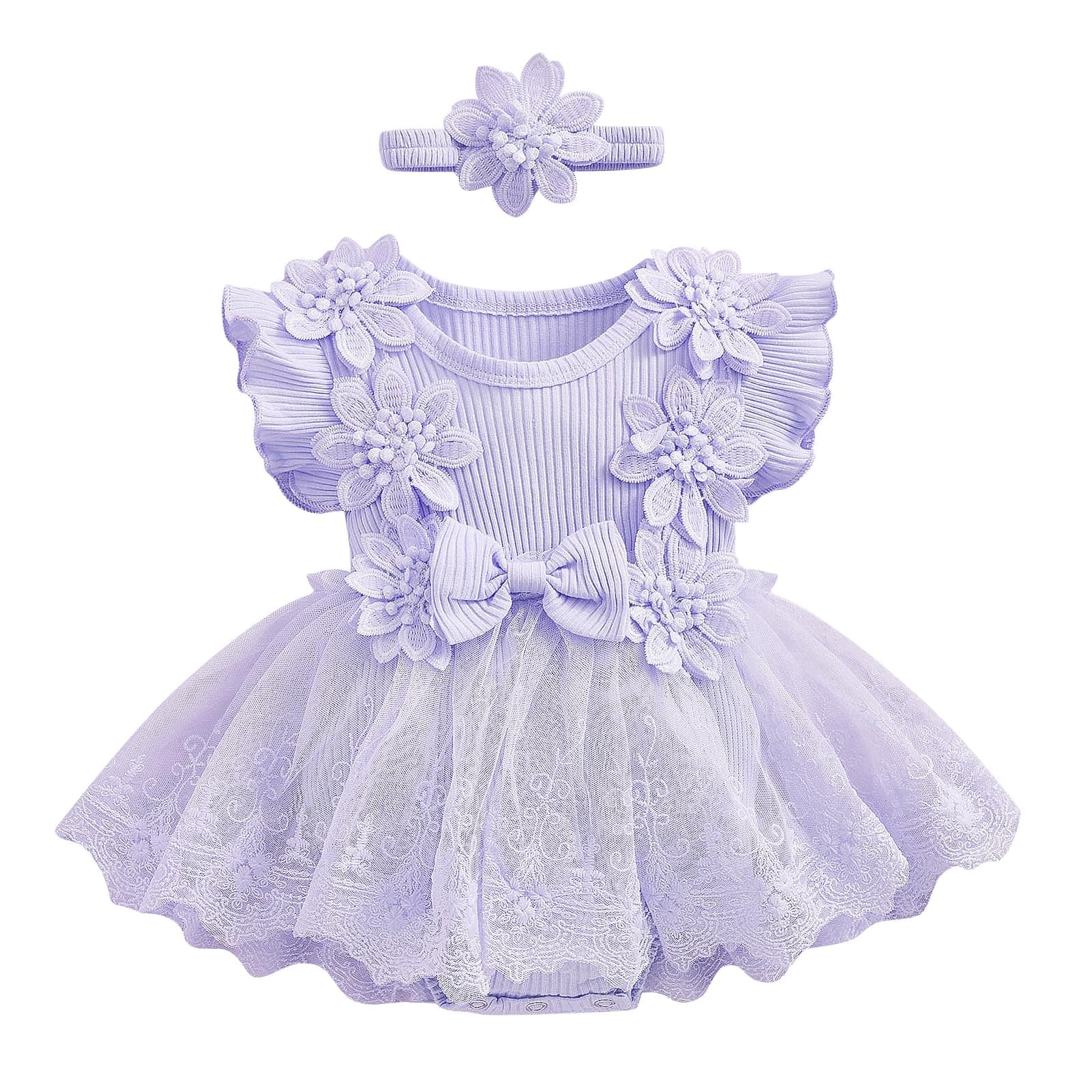 Newborn Baby Girls Lace Romper Dress with Headband 2pcs Summer Set