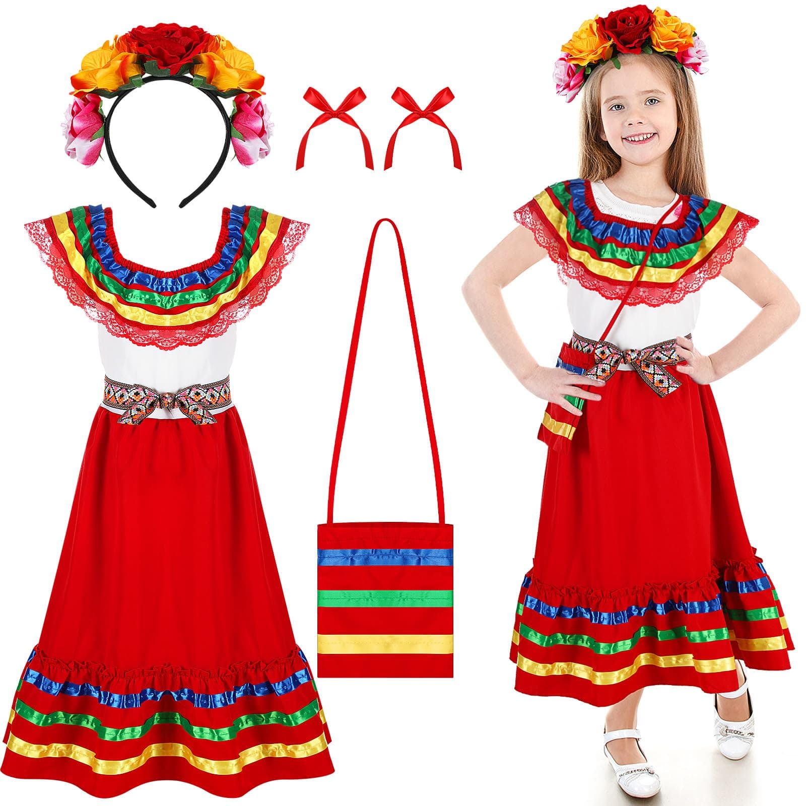 Funnysoft 6pcs Mexican Dress for Girls Cinco De Mayo Flower HeadpieceCostume