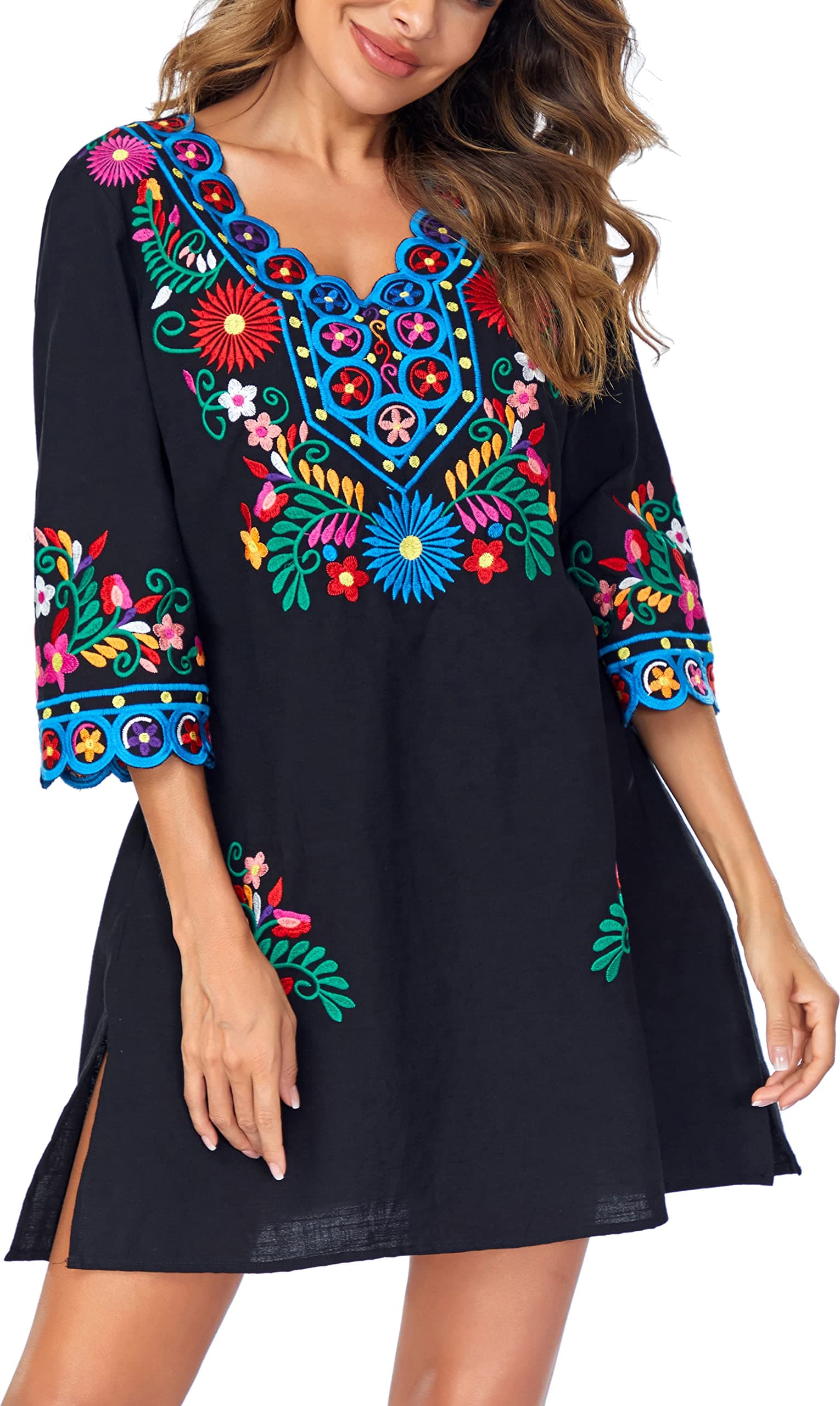 YZXDORWJ Women's Embroidered Mexican V-Neck Floral Long Sleeve Dress