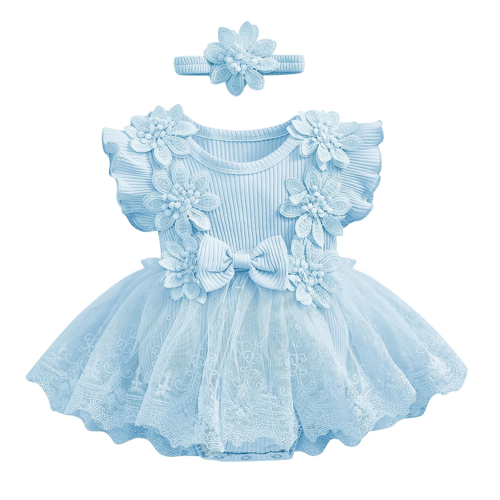 Newborn Baby Girls' 2pc Summer Set: Lace Romper Dress with Bowknot Headband