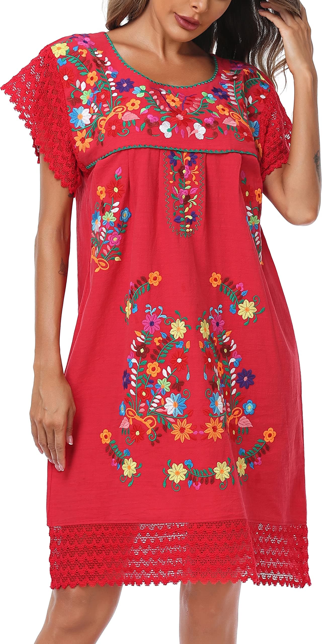 YZXDORWJ Women's Embroidered Mexican Peasant Lace Short Sleeve Dress