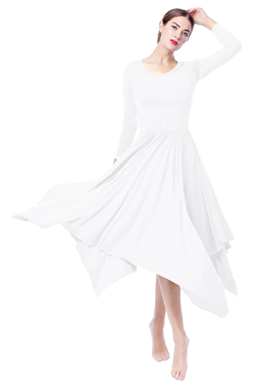 ZX Women's Long Sleeve Praise Dance Dress with Pleated Swing Skirt