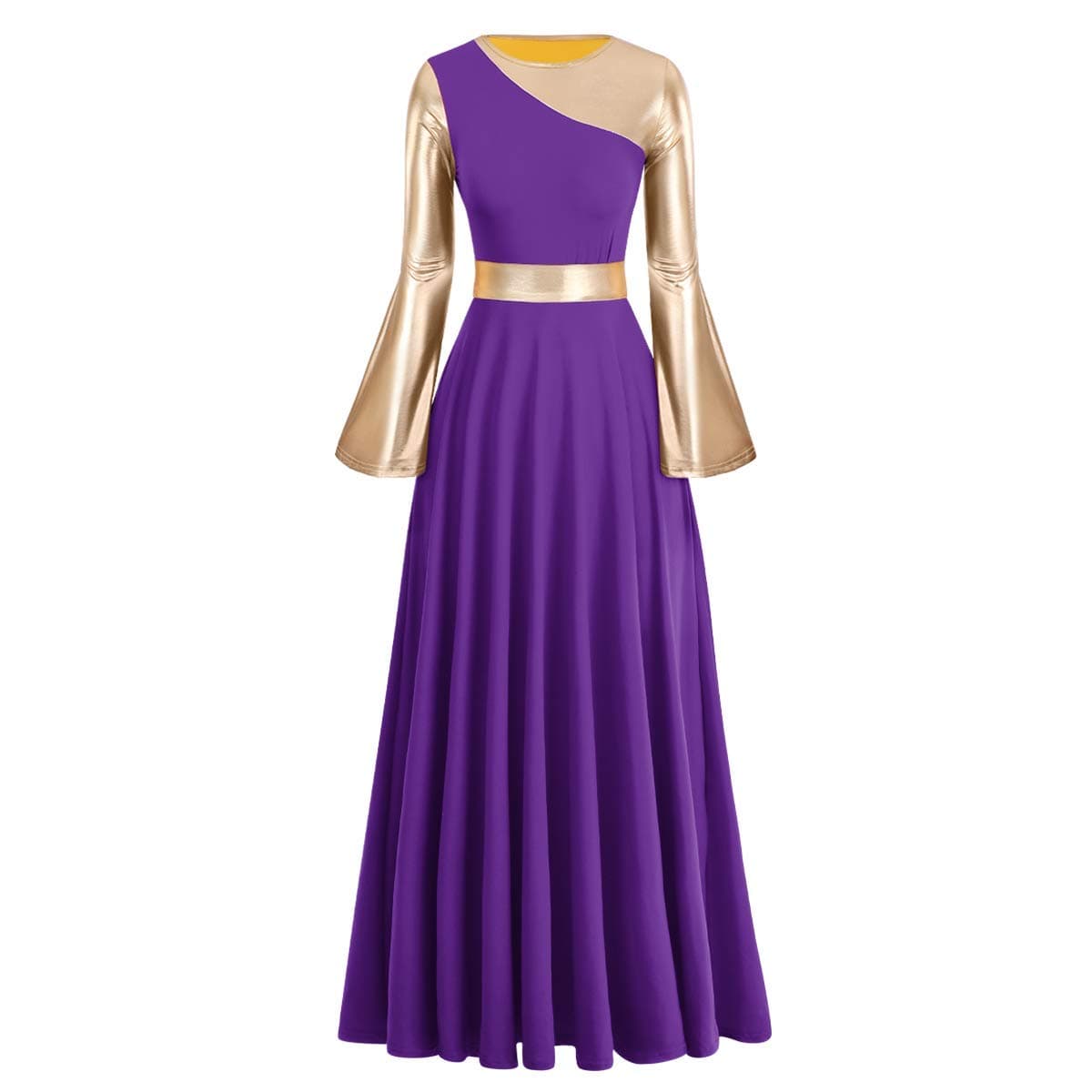 IBAKOM Women's Metallic Gold Color Block Long Dress for Liturgical Praise Dance