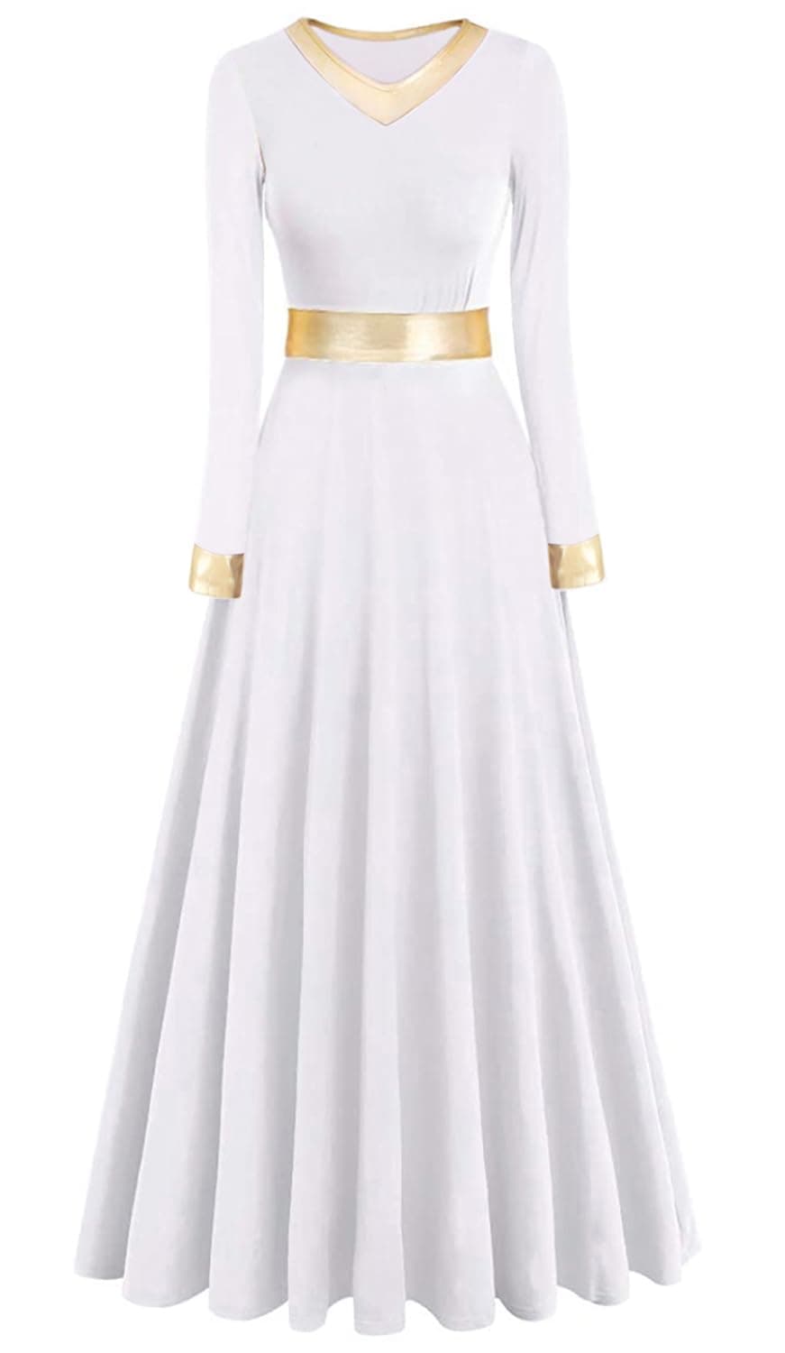 ELLYDOOR Women's Long Sleeve Metallic Gold Praise Dance Dress Liturgical Worship Costume