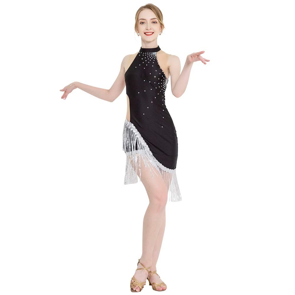ROYAL SMEELA Women's Fringe Latin Dance Ballroom Dress.SExy Halter Neck Outfit