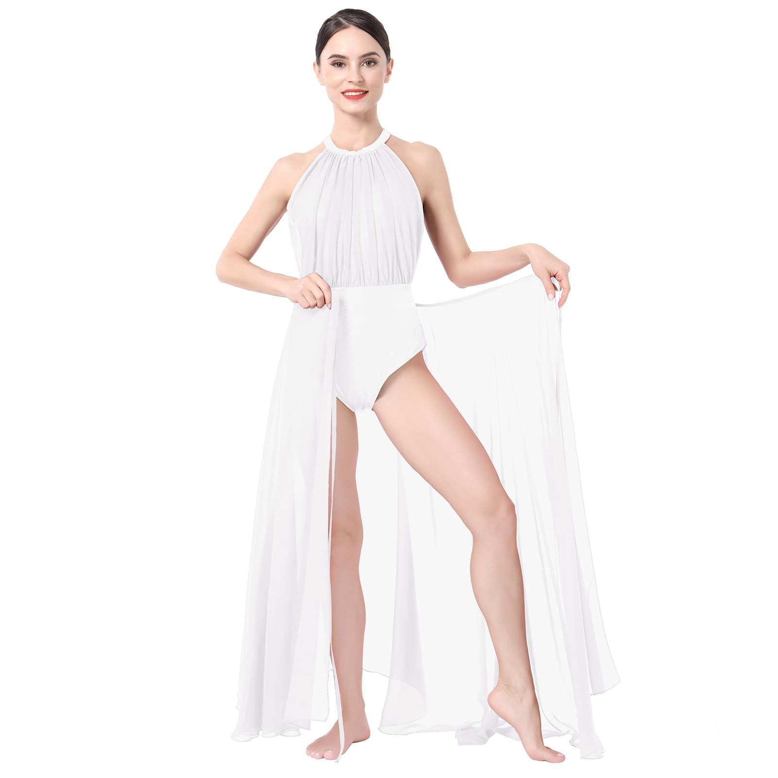 IBAKOM Women Lyrical Dance Two-Piece Sleeveless Leotard Mesh Skirt