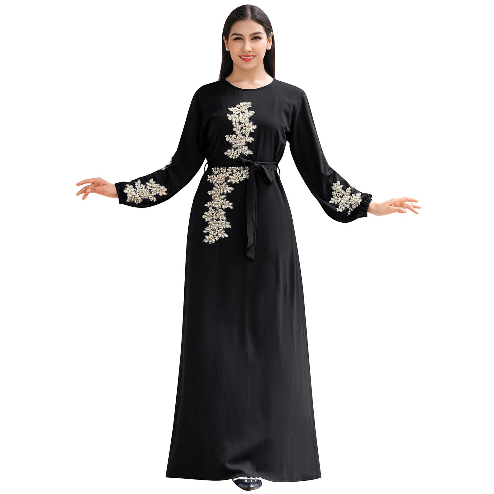IBAKOM Floral Embroidery Abaya Dress for Women Islamic Clothing
