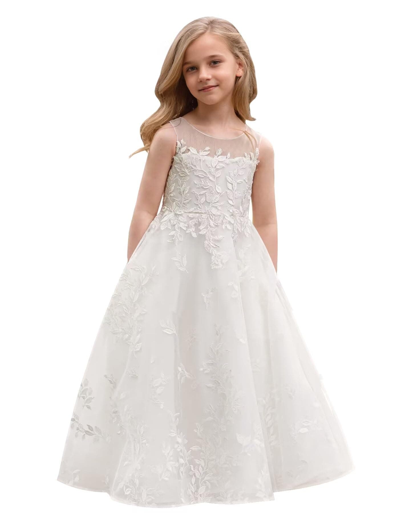 Lace Appliques Humoral Tulle First Communion Dress for Flower Girls Weddings