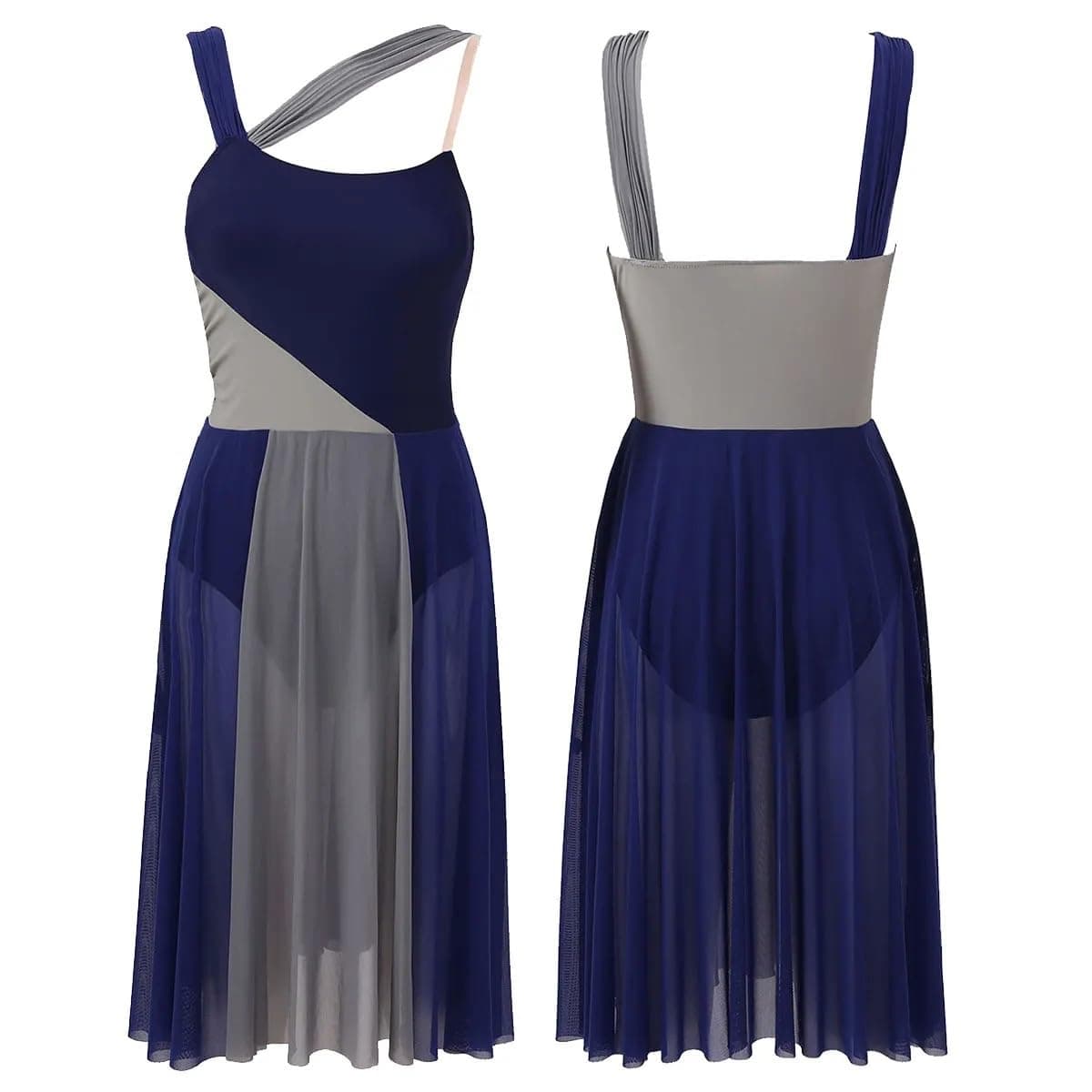 CochOn Navy Blue Modern Lyrical Dance Dress Maxi Sheer Mesh Overlay