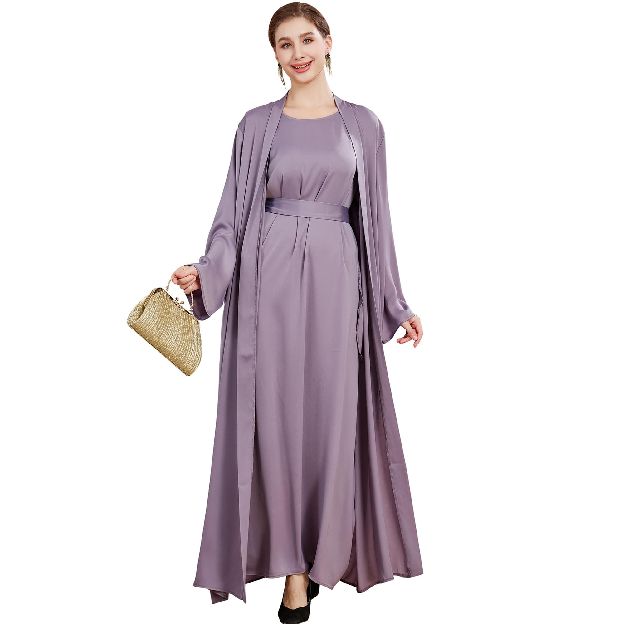 Lenmipot Women's Silk Abaya Dress Twin Set Maxi Kaftan Jilbab Eidsrobe