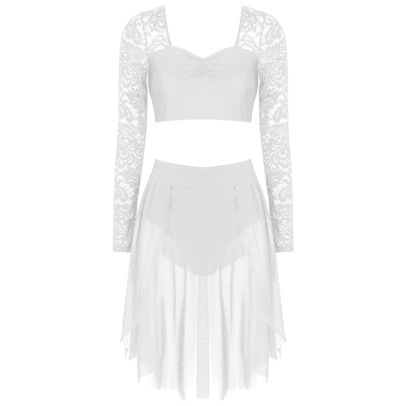 CochOn Women 2 Pcs Lyrical Dance Costume Floral Lace Crop Top & Skirt