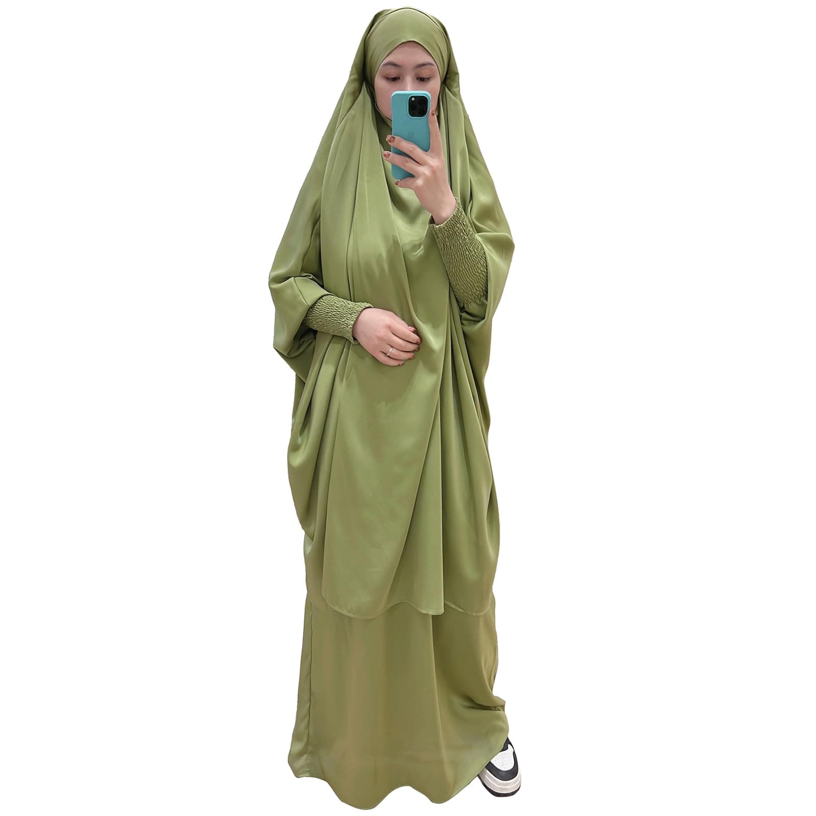 Zofocy Two-Piece Abaya Set for Muslim Women Elastic Sleeves Modest Prayer Dress